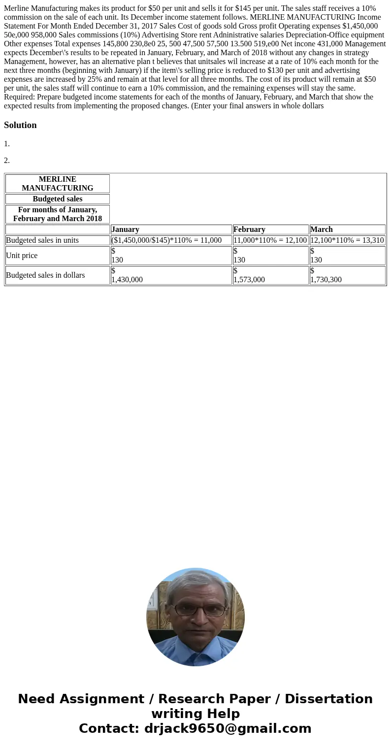  Merline Manufacturing makes its product for $50 per unit and sells it for $145 per unit. The sales staff receives a 10% commission on the sale of each unit. It