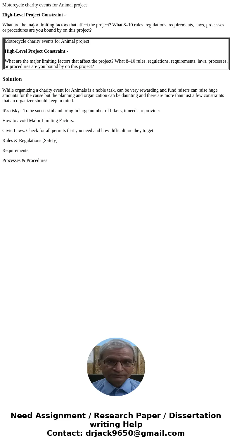 Motorcycle charity events for Animal project High-Level Project Constraint - What are the major limiting factors that affect the project? What 8–10 rules, regu  Motorcycle charity events for Animal project High-Level Project Constraint - What are the major limiting factors that affect the project? What 8–10 rules, regu