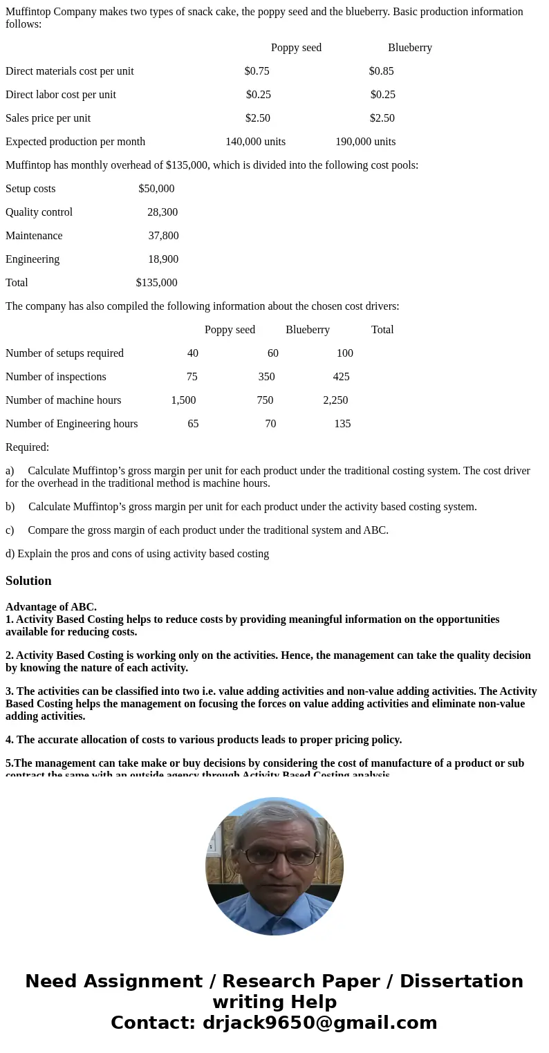 Muffintop Company makes two types of snack cake, the poppy seed and the blueberry. Basic production information follows: Poppy seed Blueberry Direct materials c