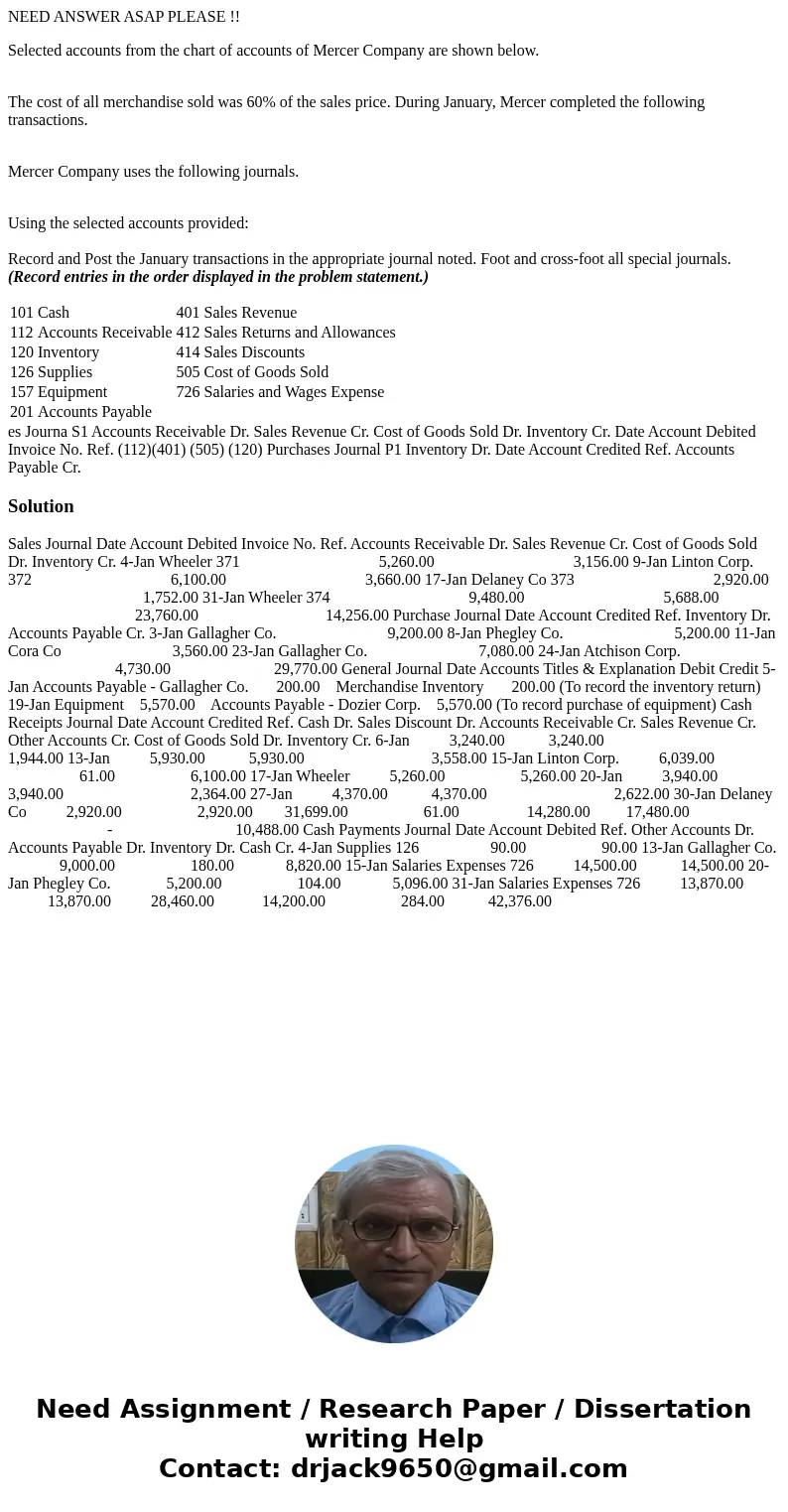 NEED ANSWER ASAP PLEASE !! Selected accounts from the chart of accounts of Mercer Company are shown below. The cost of all merchandise sold was 60% of the sales NEED ANSWER ASAP PLEASE !! Selected accounts from the chart of accounts of Mercer Company are shown below. The cost of all merchandise sold was 60% of the sales