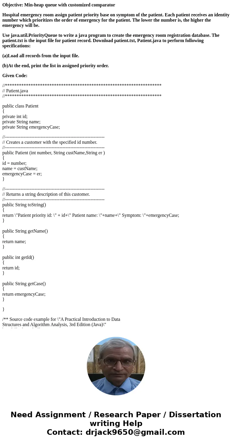 Objective: Min-heap queue with customized comparator Hospital emergency room assign patient priority base on symptom of the patient. Each patient receives an id Objective: Min-heap queue with customized comparator Hospital emergency room assign patient priority base on symptom of the patient. Each patient receives an id