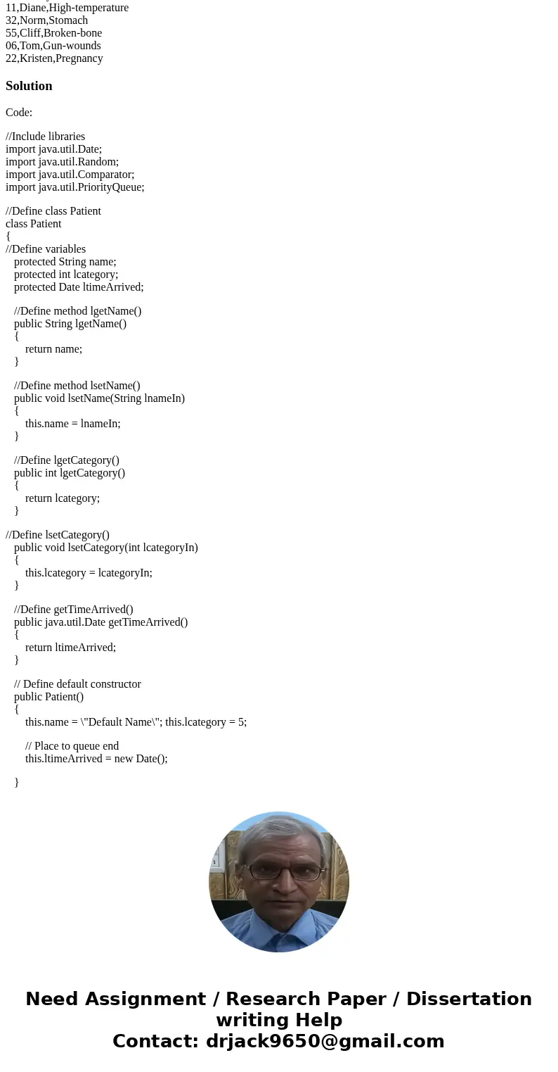 Objective: Min-heap queue with customized comparator Hospital emergency room assign patient priority base on symptom of the patient. Each patient receives an id Objective: Min-heap queue with customized comparator Hospital emergency room assign patient priority base on symptom of the patient. Each patient receives an id