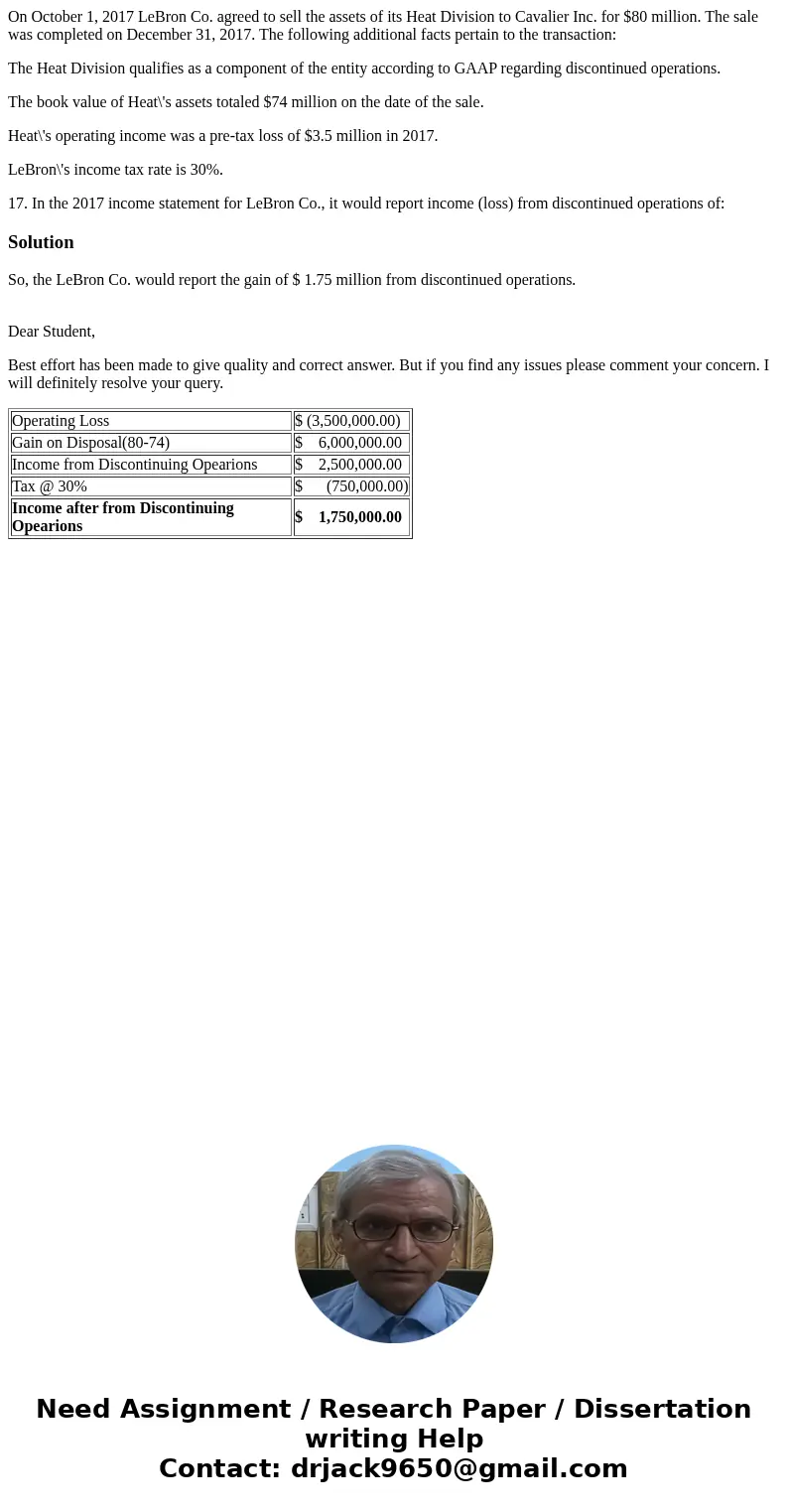 On October 1, 2017 LeBron Co. agreed to sell the assets of its Heat Division to Cavalier Inc. for $80 million. The sale was completed on December 31, 2017. The 