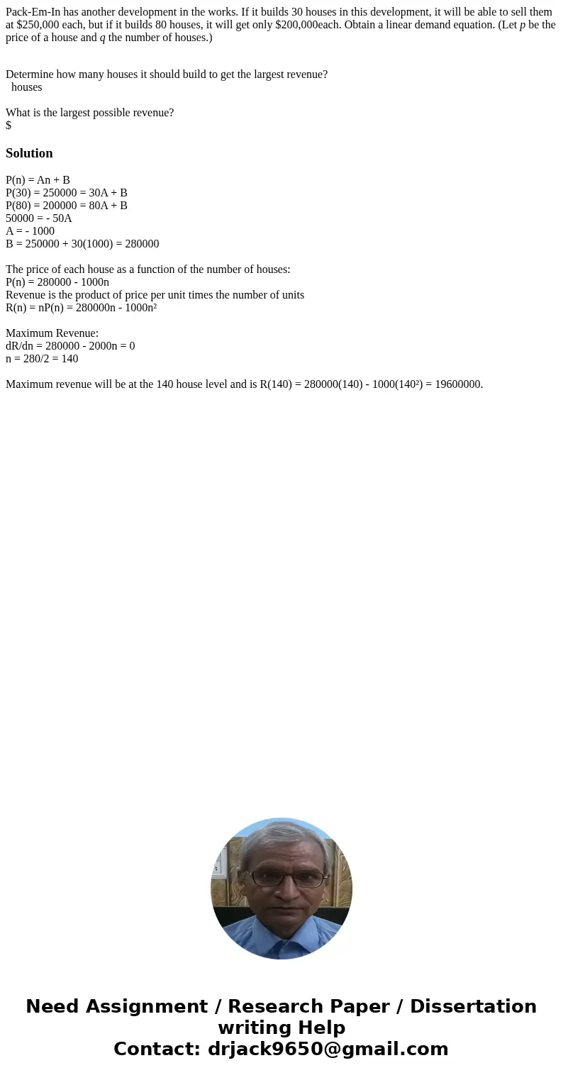 Pack-Em-In has another development in the works. If it builds 30 houses in this development, it will be able to sell them at $250,000 each, but if it builds 80  Pack-Em-In has another development in the works. If it builds 30 houses in this development, it will be able to sell them at $250,000 each, but if it builds 80