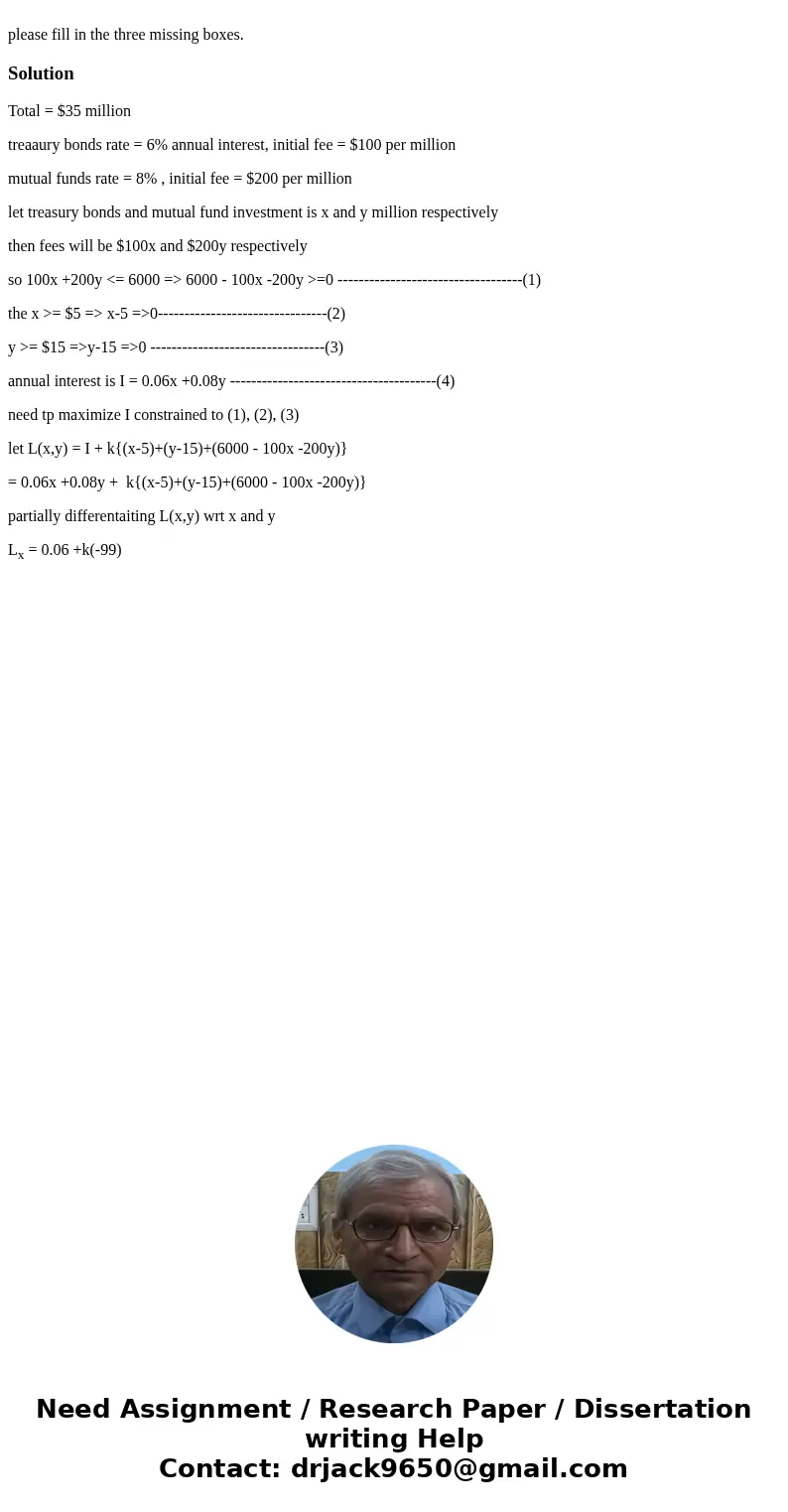 please fill in the three missing boxes.SolutionTotal = $35 million treaaury bonds rate = 6% annual interest, initial fee = $100 per million mutual funds rate =  please fill in the three missing boxes.SolutionTotal = $35 million treaaury bonds rate = 6% annual interest, initial fee = $100 per million mutual funds rate =