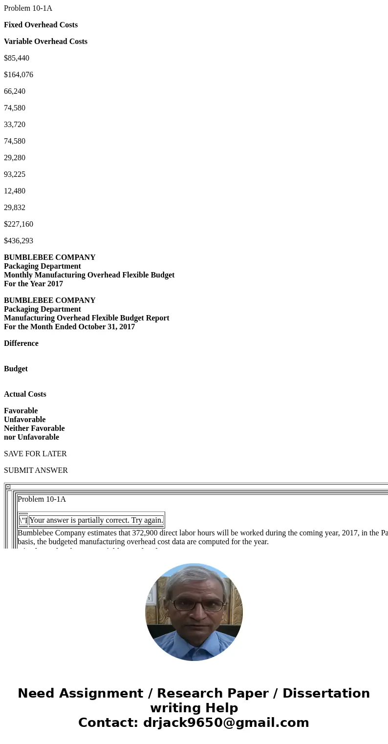Problem 10-1A Fixed Overhead Costs Variable Overhead Costs $85,440 $164,076 66,240 74,580 33,720 74,580 29,280 93,225 12,480 29,832 $227,160 $436,293 BUMBLEBEE 