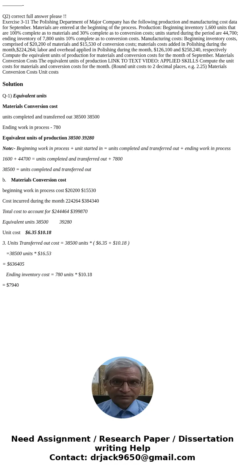 ————- Q2) correct full answer please !! Exercise 3-11 The Polishing Department of Major Company has the following production and manufacturing cost data for Sep