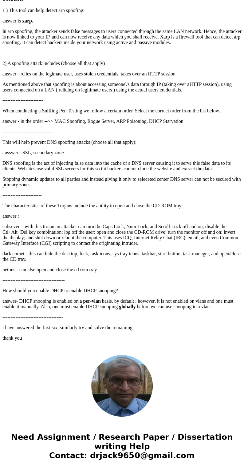 Question 1 (5 points) This tool can help detect arp spoofing: Question 1 options: inverse arp xarp smac rarp Save Question 2 (5 points) A spoofing attack includ Question 1 (5 points) This tool can help detect arp spoofing: Question 1 options: inverse arp xarp smac rarp Save Question 2 (5 points) A spoofing attack includ