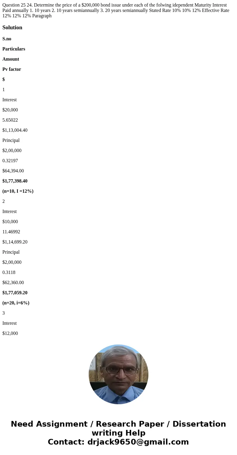 Question 25 24. Determine the price of a $200,000 bond issue under each of the folwing idependent Maturity Interest Paid annually 1. 10 years 2. 10 years semia  Question 25 24. Determine the price of a $200,000 bond issue under each of the folwing idependent Maturity Interest Paid annually 1. 10 years 2. 10 years semia