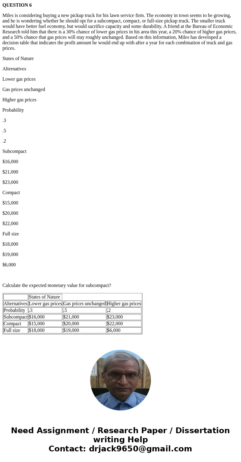 QUESTION 6 Miles is considering buying a new pickup truck for his lawn service firm. The economy in town seems to be growing, and he is wondering whether he sho