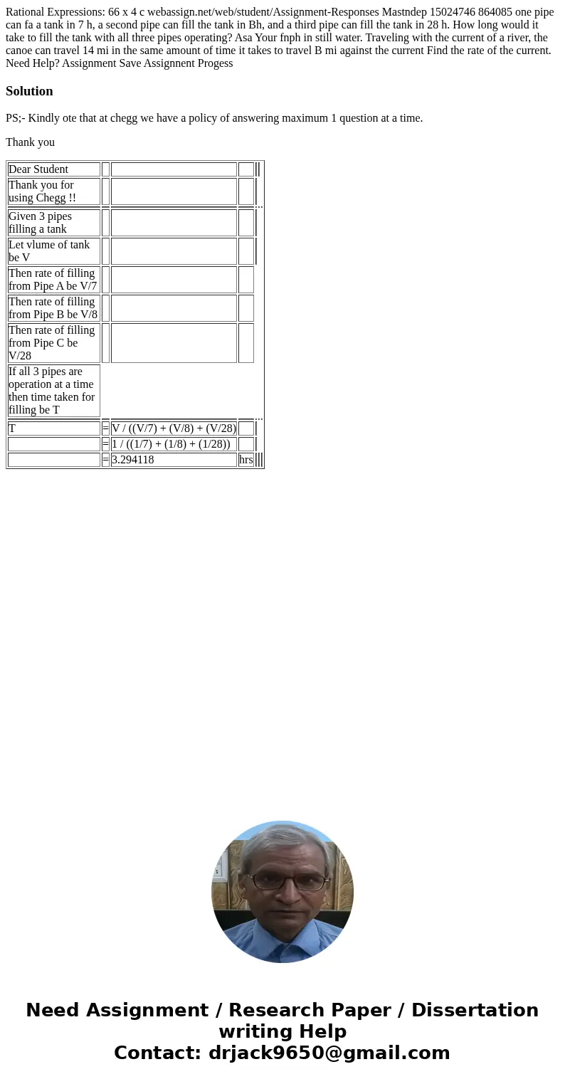  Rational Expressions: 66 x 4 c webassign.net/web/student/Assignment-Responses Mastndep 15024746 864085 one pipe can fa a tank in 7 h, a second pipe can fill th