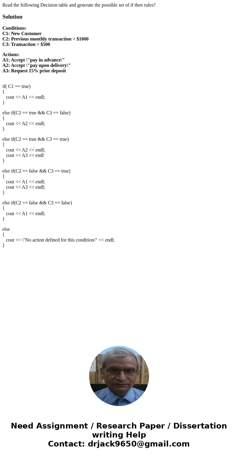 Read the following Decision table and generate the possible set of if then rules? SolutionConditions: C1: New Customer C2: Previous monthly transaction > $1  Read the following Decision table and generate the possible set of if then rules? SolutionConditions: C1: New Customer C2: Previous monthly transaction > $1