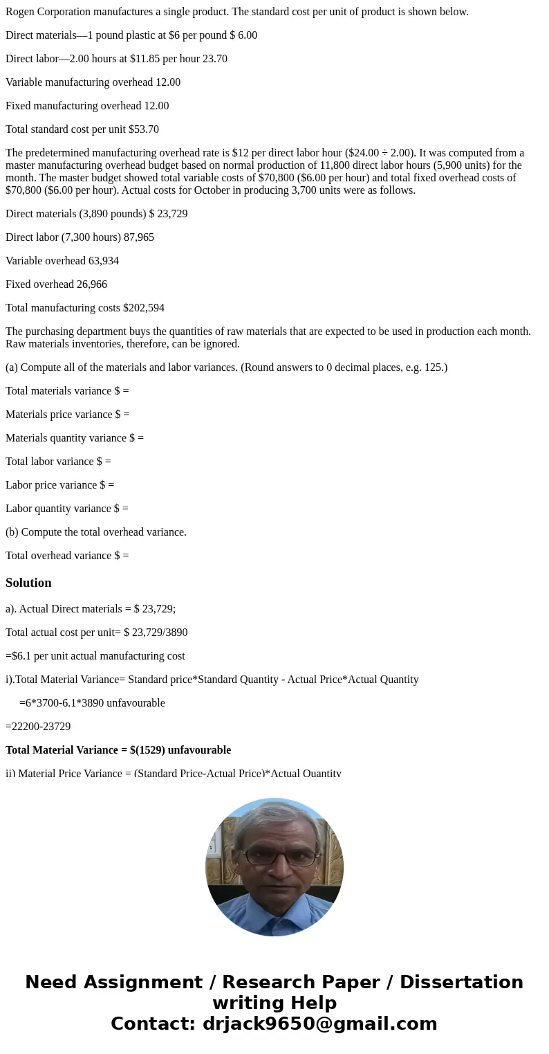 Rogen Corporation manufactures a single product. The standard cost per unit of product is shown below. Direct materials—1 pound plastic at $6 per pound $ 6.00 D Rogen Corporation manufactures a single product. The standard cost per unit of product is shown below. Direct materials—1 pound plastic at $6 per pound $ 6.00 D