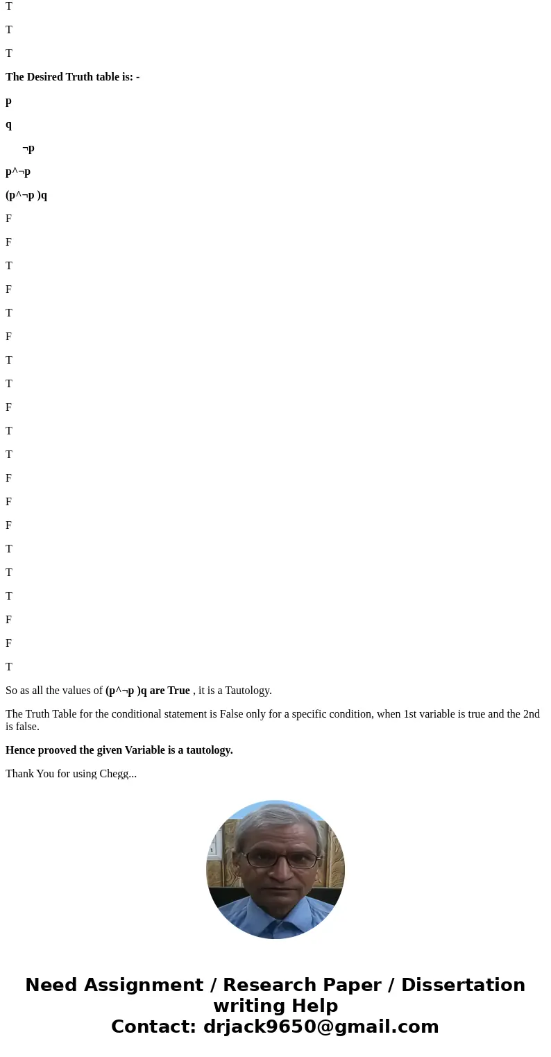 Show that [P¬P]Q is a tautology. What is the connection between this statement being a tautology and the truth table for the conditional (if, then statements)?S