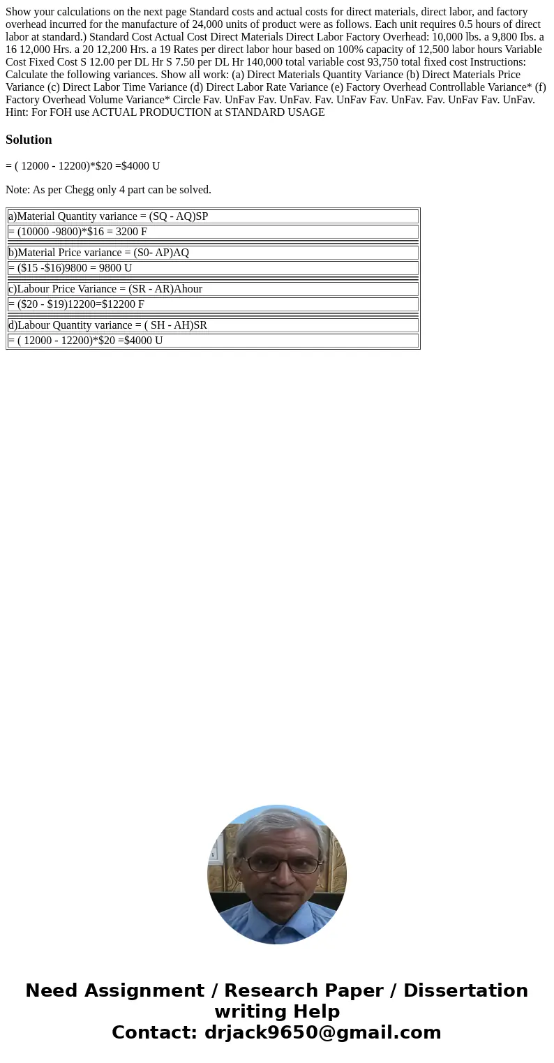 Show your calculations on the next page Standard costs and actual costs for direct materials, direct labor, and factory overhead incurred for the manufacture o  Show your calculations on the next page Standard costs and actual costs for direct materials, direct labor, and factory overhead incurred for the manufacture o