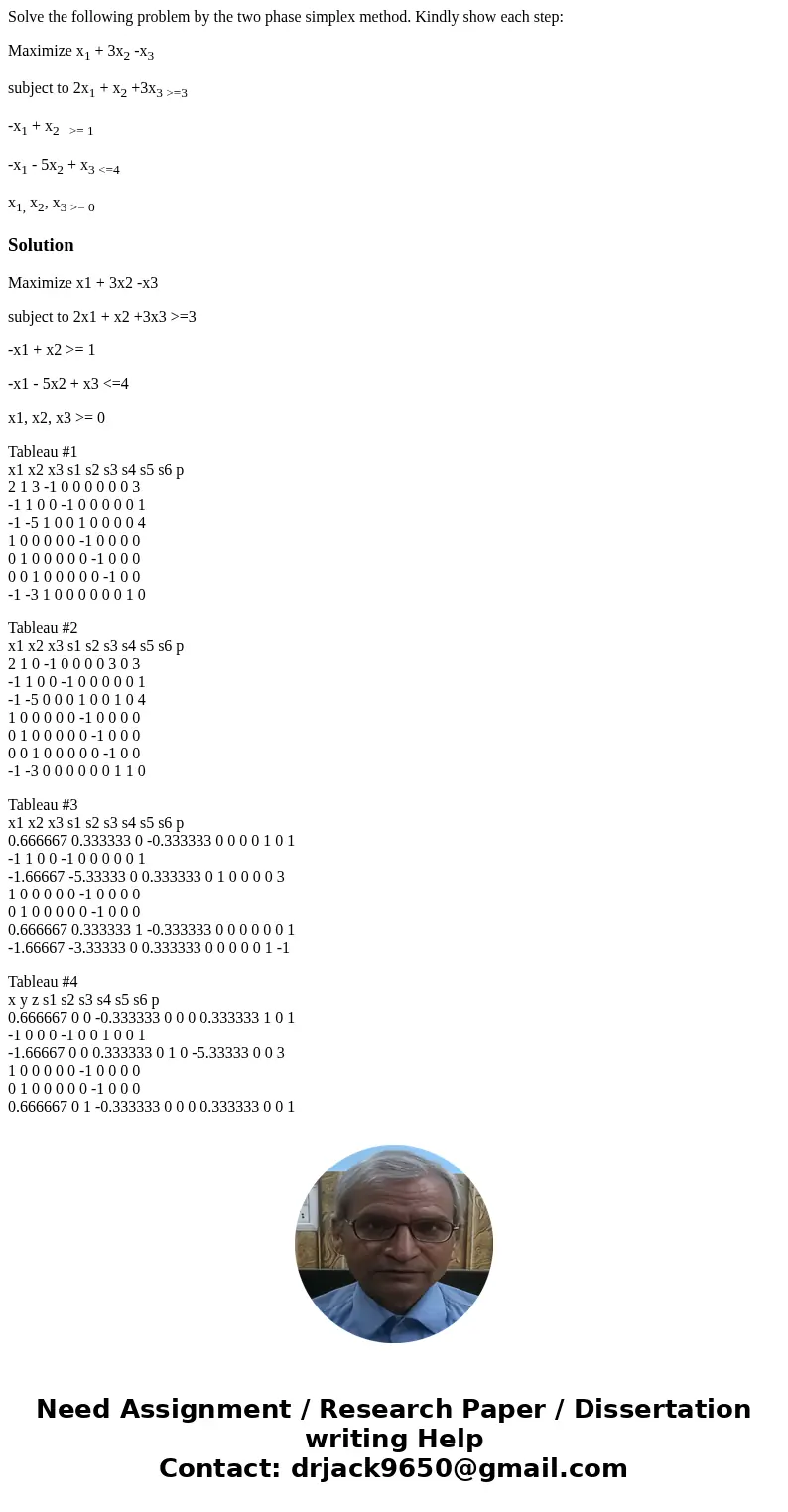 Solve the following problem by the two phase simplex method. Kindly show each step: Maximize x1 + 3x2 -x3 subject to 2x1 + x2 +3x3 >=3 -x1 + x2 >= 1 -x1 - Solve the following problem by the two phase simplex method. Kindly show each step: Maximize x1 + 3x2 -x3 subject to 2x1 + x2 +3x3 >=3 -x1 + x2 >= 1 -x1 -