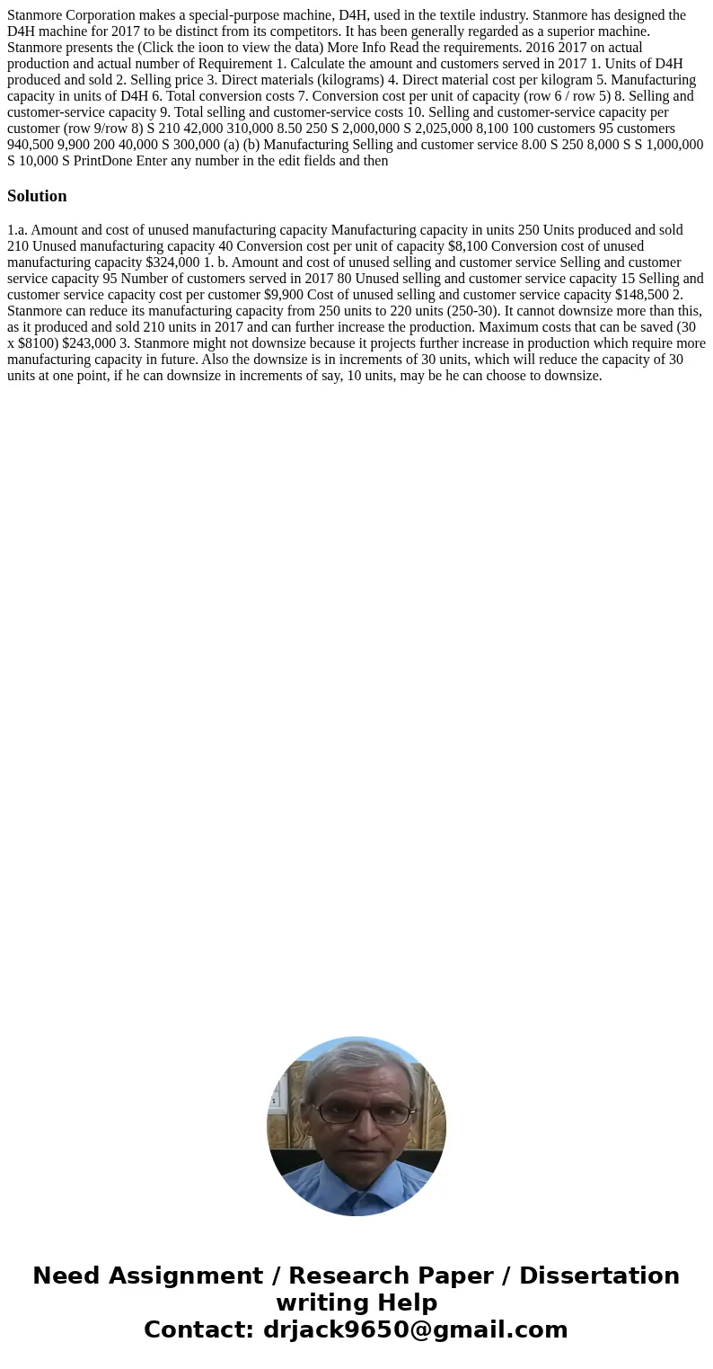 Stanmore Corporation makes a special-purpose machine, D4H, used in the textile industry. Stanmore has designed the D4H machine for 2017 to be distinct from its  Stanmore Corporation makes a special-purpose machine, D4H, used in the textile industry. Stanmore has designed the D4H machine for 2017 to be distinct from its