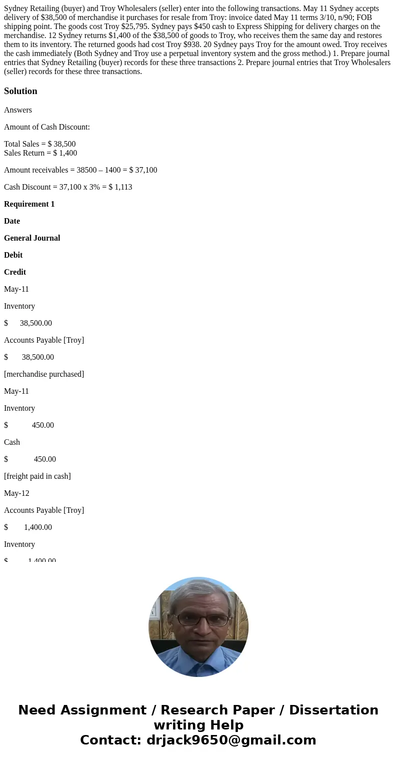  Sydney Retailing (buyer) and Troy Wholesalers (seller) enter into the following transactions. May 11 Sydney accepts delivery of $38,500 of merchandise it purch