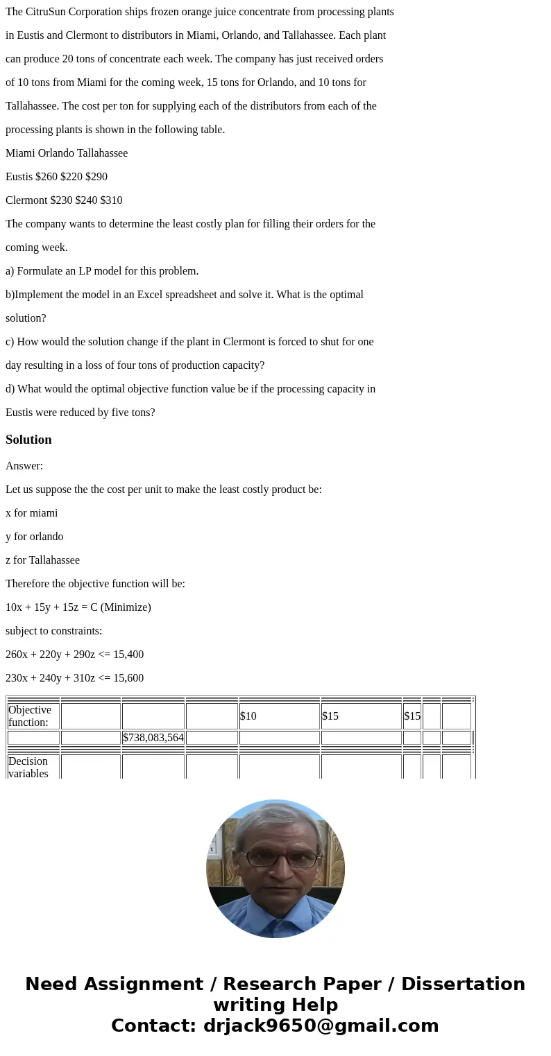The CitruSun Corporation ships frozen orange juice concentrate from processing plants in Eustis and Clermont to distributors in Miami, Orlando, and Tallahassee.
