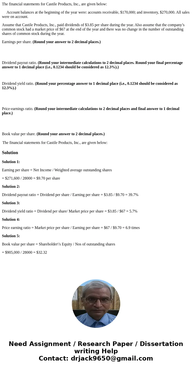 The financial statements for Castile Products, Inc., are given below: Account balances at the beginning of the year were: accounts receivable, $170,000; and inv The financial statements for Castile Products, Inc., are given below: Account balances at the beginning of the year were: accounts receivable, $170,000; and inv