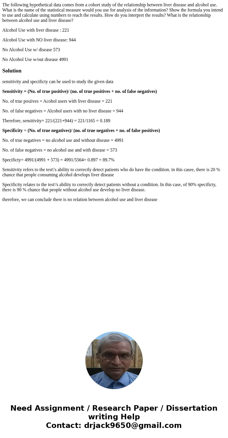 The following hypothetical data comes from a cohort study of the relationship between liver disease and alcohol use. What is the name of the statistical measure The following hypothetical data comes from a cohort study of the relationship between liver disease and alcohol use. What is the name of the statistical measure