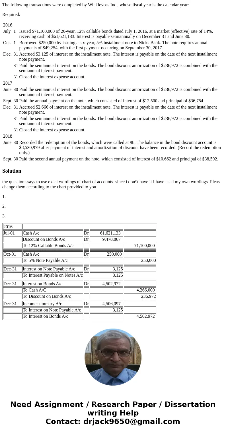 The following transactions were completed by Winklevoss Inc., whose fiscal year is the calendar year: Required: 2016 July 1 Issued $71,100,000 of 20-year, 12% c