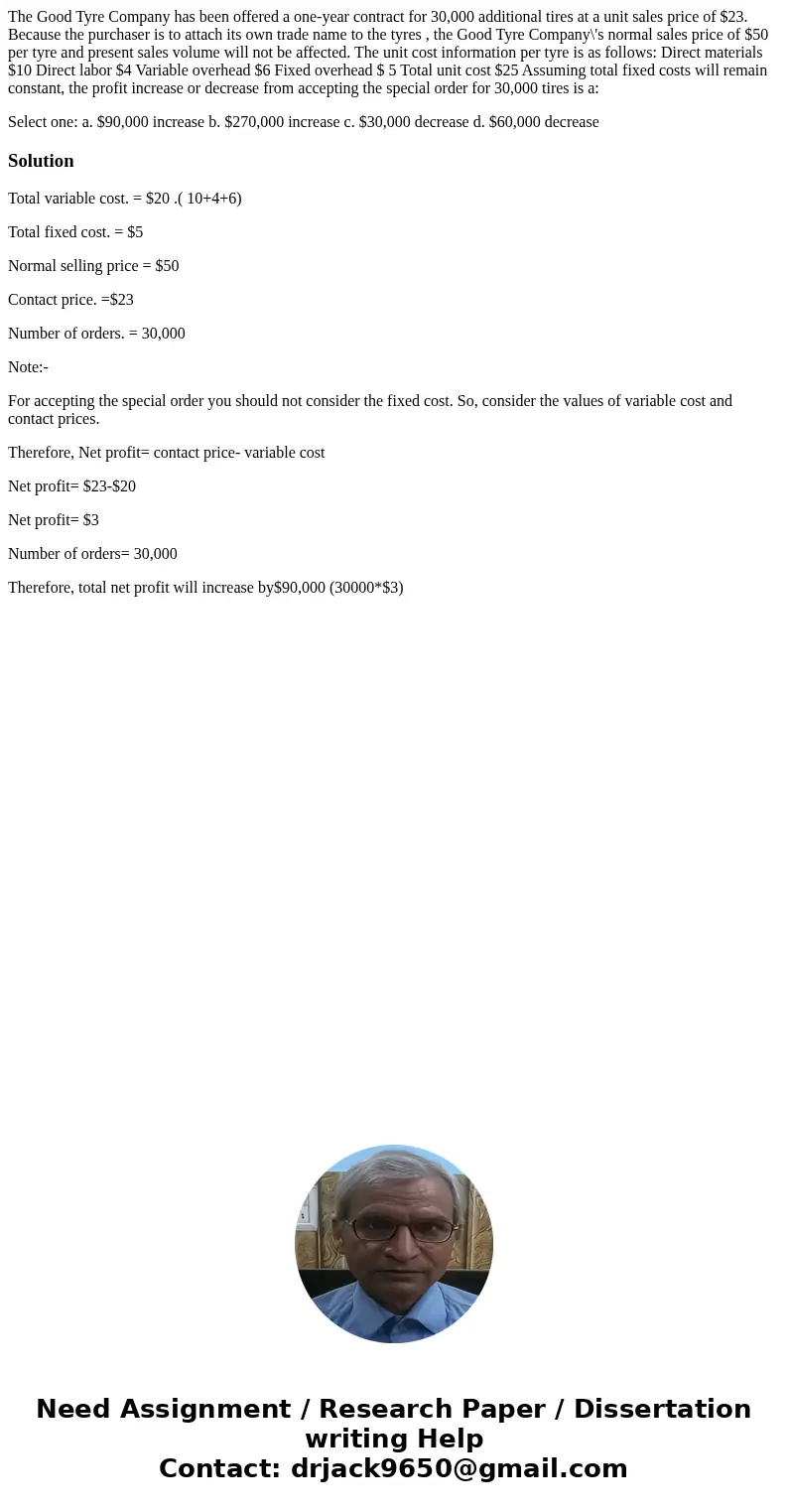 The Good Tyre Company has been offered a one-year contract for 30,000 additional tires at a unit sales price of $23. Because the purchaser is to attach its own  The Good Tyre Company has been offered a one-year contract for 30,000 additional tires at a unit sales price of $23. Because the purchaser is to attach its own