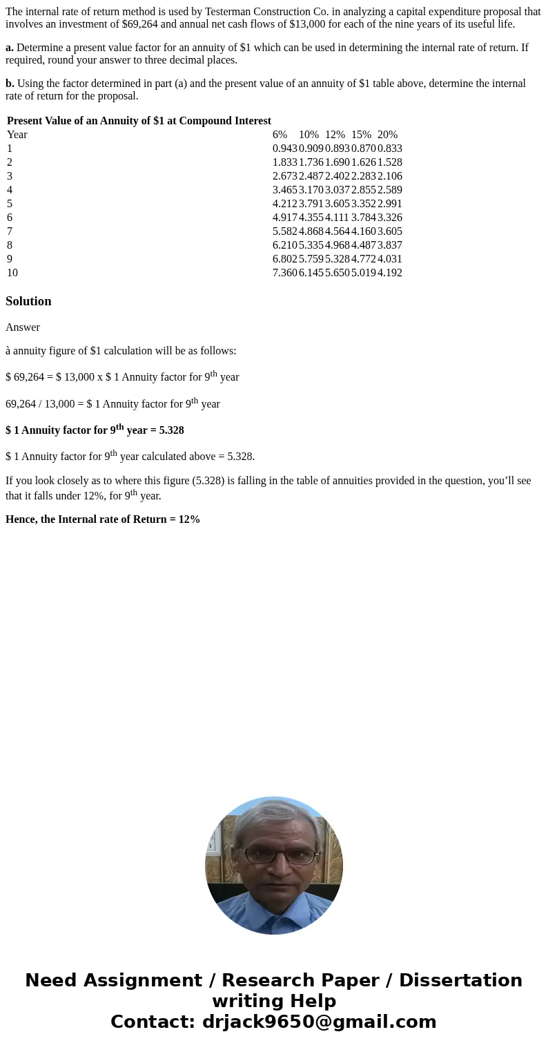 The internal rate of return method is used by Testerman Construction Co. in analyzing a capital expenditure proposal that involves an investment of $69,264 and 
