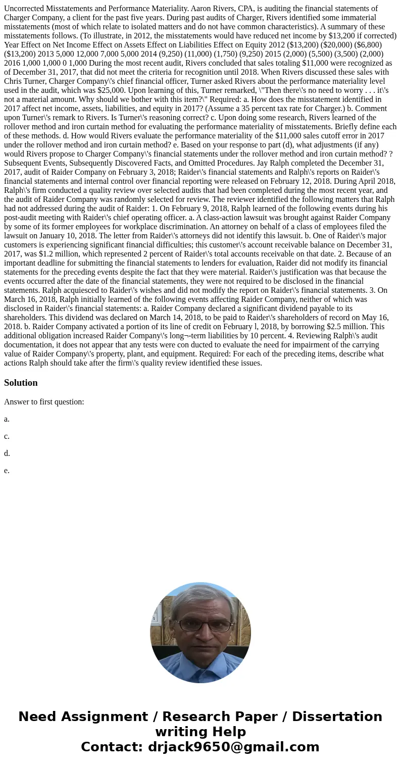 Uncorrected Misstatements and Performance Materiality. Aaron Rivers, CPA, is auditing the financial statements of Charger Company, a client for the past five ye Uncorrected Misstatements and Performance Materiality. Aaron Rivers, CPA, is auditing the financial statements of Charger Company, a client for the past five ye