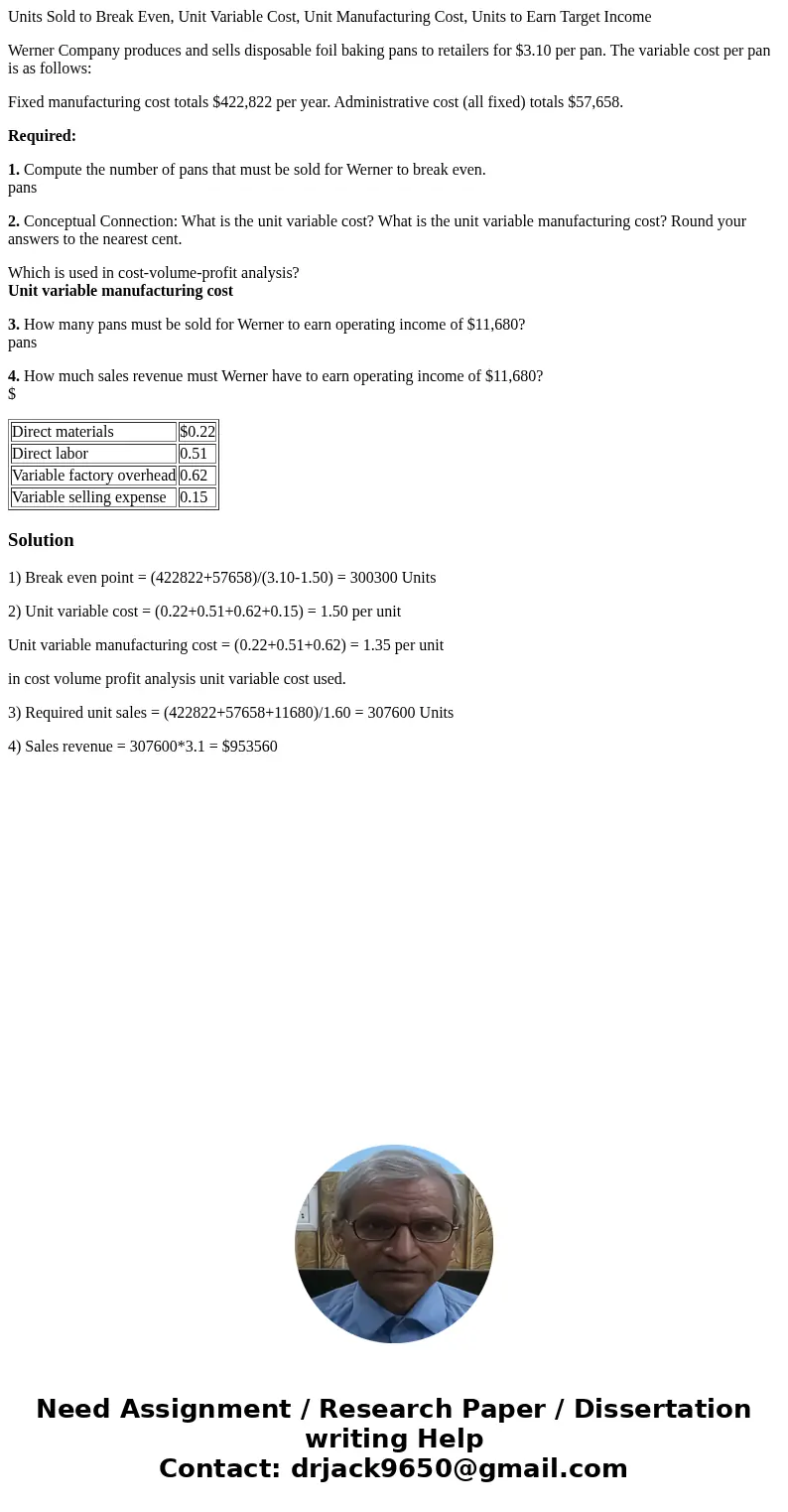 Units Sold to Break Even, Unit Variable Cost, Unit Manufacturing Cost, Units to Earn Target Income Werner Company produces and sells disposable foil baking pans Units Sold to Break Even, Unit Variable Cost, Unit Manufacturing Cost, Units to Earn Target Income Werner Company produces and sells disposable foil baking pans