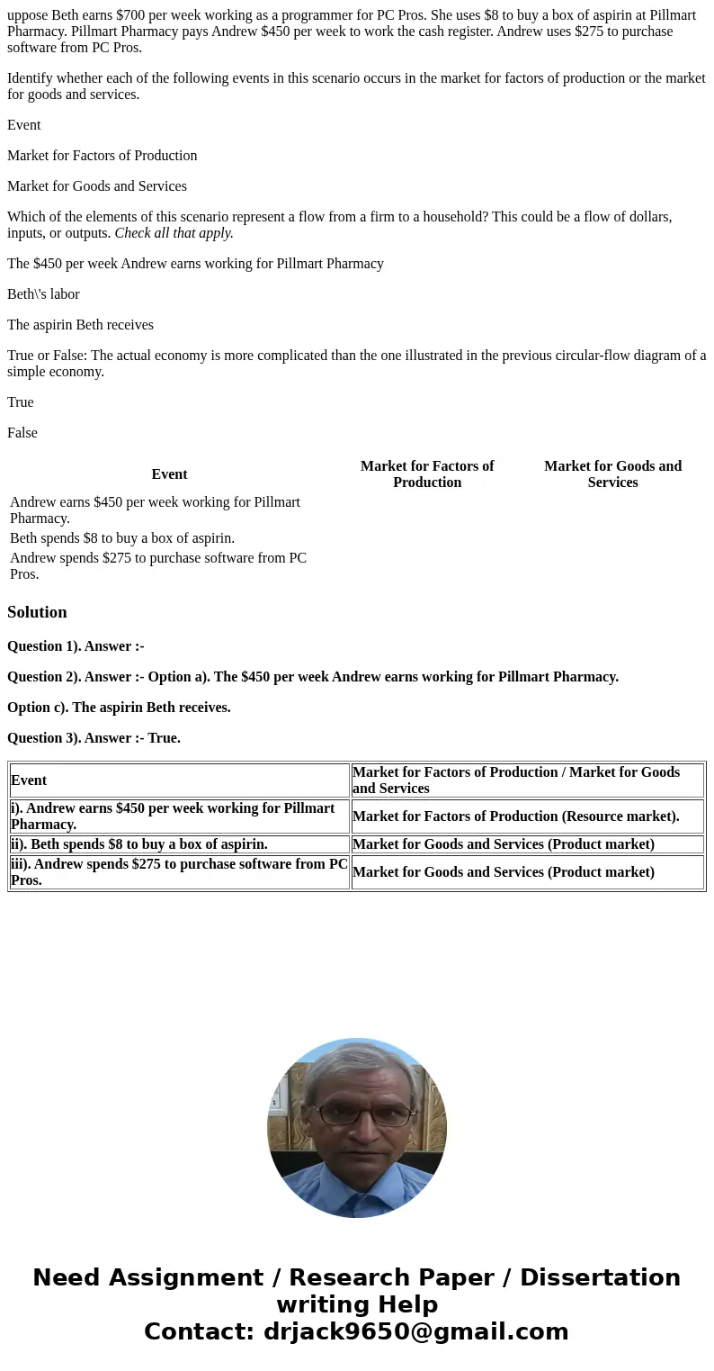 uppose Beth earns $700 per week working as a programmer for PC Pros. She uses $8 to buy a box of aspirin at Pillmart Pharmacy. Pillmart Pharmacy pays Andrew $45 uppose Beth earns $700 per week working as a programmer for PC Pros. She uses $8 to buy a box of aspirin at Pillmart Pharmacy. Pillmart Pharmacy pays Andrew $45
