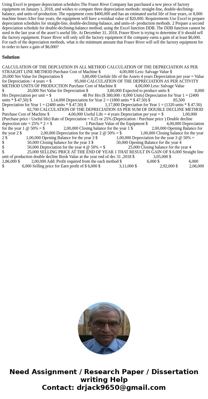 Using Excel to prepare depreciation schedules The Fraser River Company has purchased a new piece of factory equipment on January 1, 2018, and wishes to compare  Using Excel to prepare depreciation schedules The Fraser River Company has purchased a new piece of factory equipment on January 1, 2018, and wishes to compare
