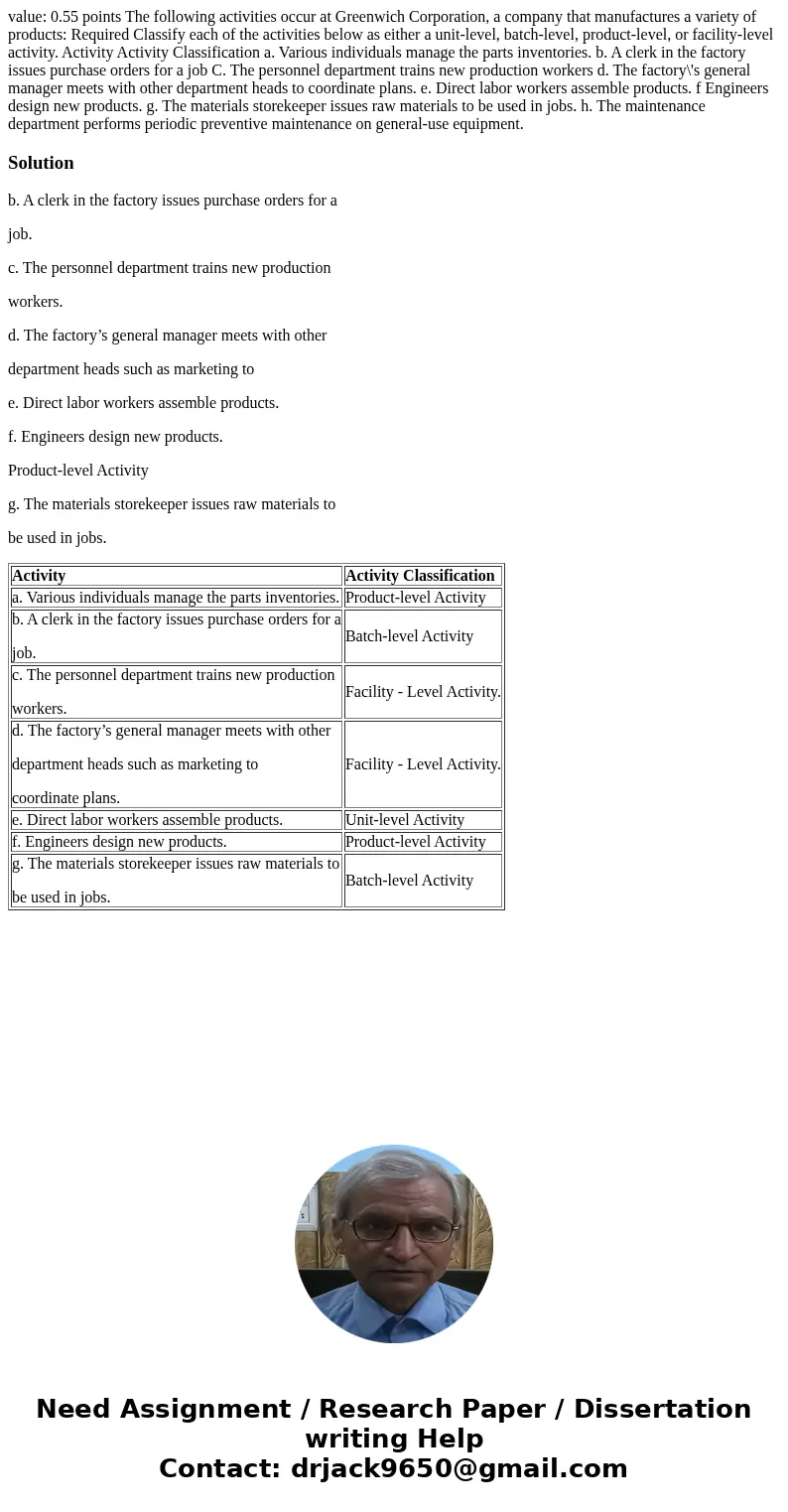 value: 0.55 points The following activities occur at Greenwich Corporation, a company that manufactures a variety of products: Required Classify each of the ac  value: 0.55 points The following activities occur at Greenwich Corporation, a company that manufactures a variety of products: Required Classify each of the ac