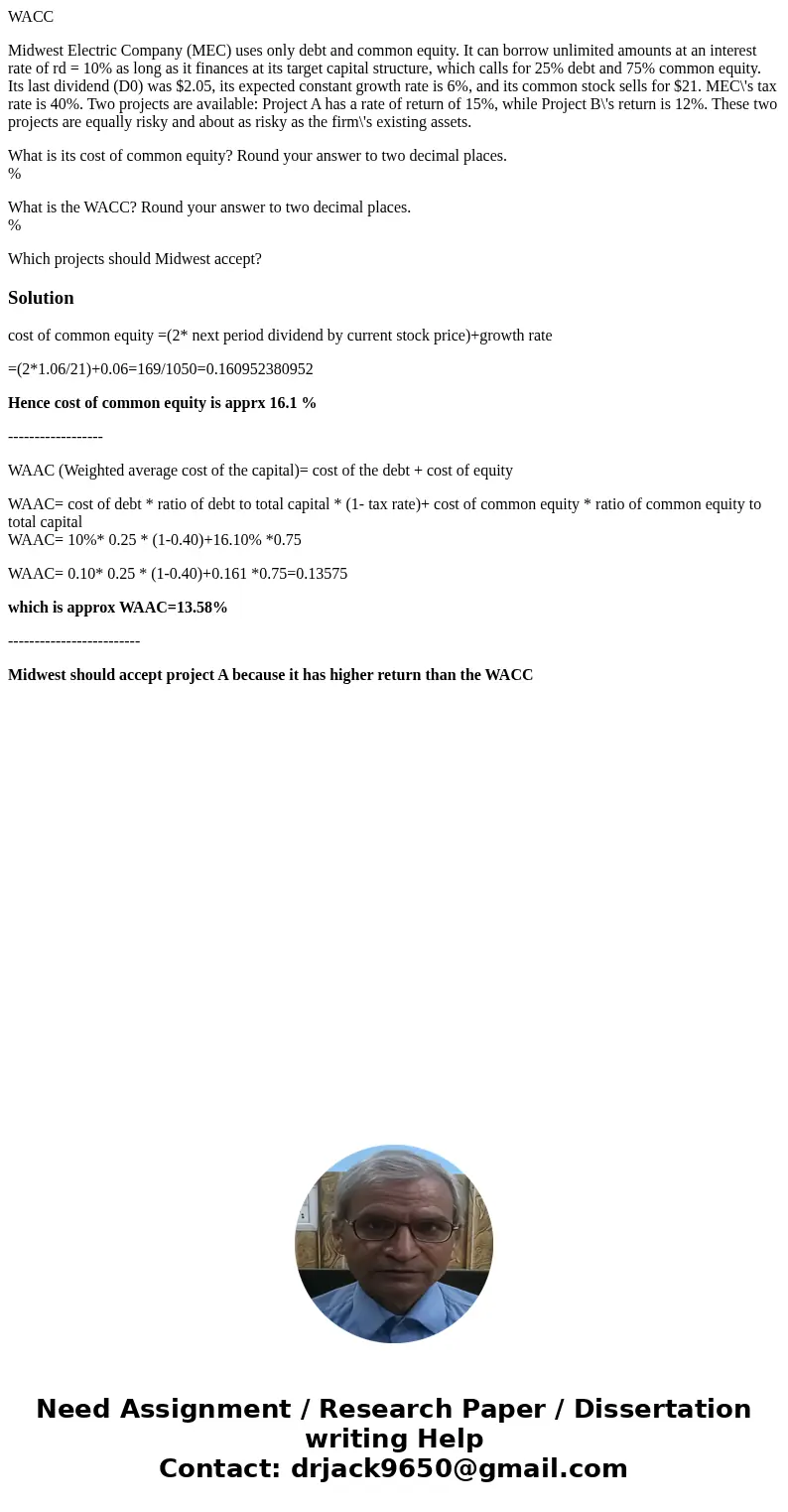WACC Midwest Electric Company (MEC) uses only debt and common equity. It can borrow unlimited amounts at an interest rate of rd = 10% as long as it finances at  WACC Midwest Electric Company (MEC) uses only debt and common equity. It can borrow unlimited amounts at an interest rate of rd = 10% as long as it finances at