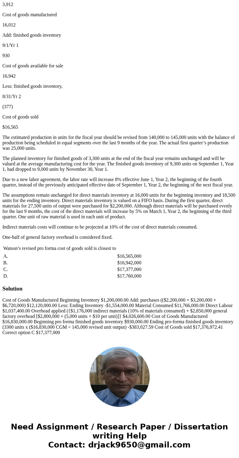 Watson Corporation Pro Forma Statement of Cost of Goods Sold For the Year Ending August 31, Year 2 ($000 omitted) Direct materials: Materials inventory, 9/1/Yr 