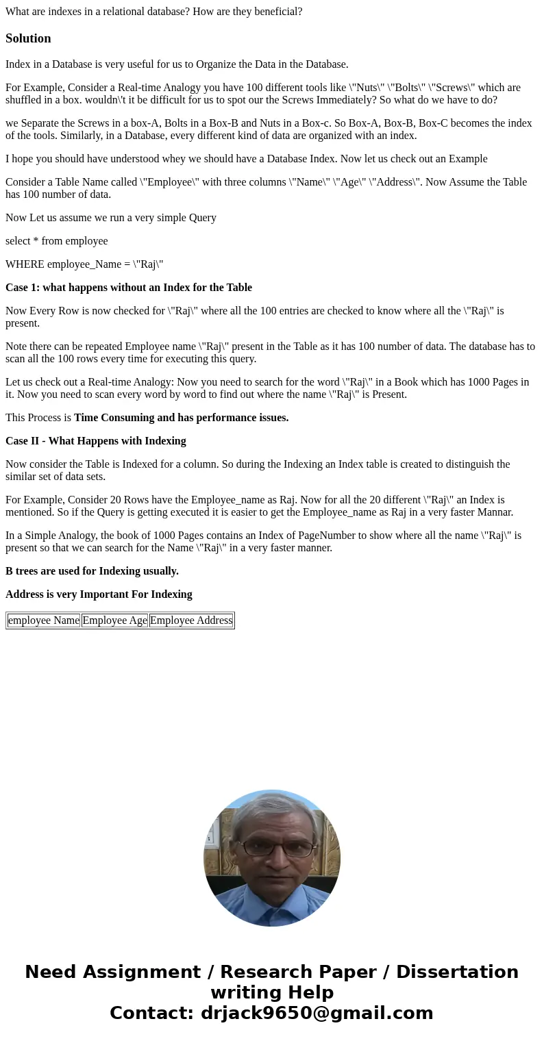 What are indexes in a relational database? How are they beneficial?SolutionIndex in a Database is very useful for us to Organize the Data in the Database. For E What are indexes in a relational database? How are they beneficial?SolutionIndex in a Database is very useful for us to Organize the Data in the Database. For E