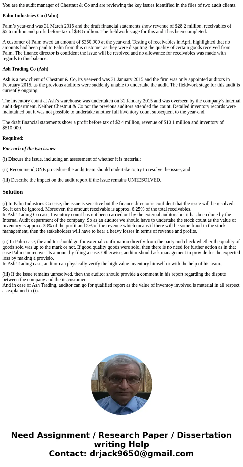 You are the audit manager of Chestnut & Co and are reviewing the key issues identified in the files of two audit clients. Palm Industries Co (Palm) Palm’s y You are the audit manager of Chestnut & Co and are reviewing the key issues identified in the files of two audit clients. Palm Industries Co (Palm) Palm’s y