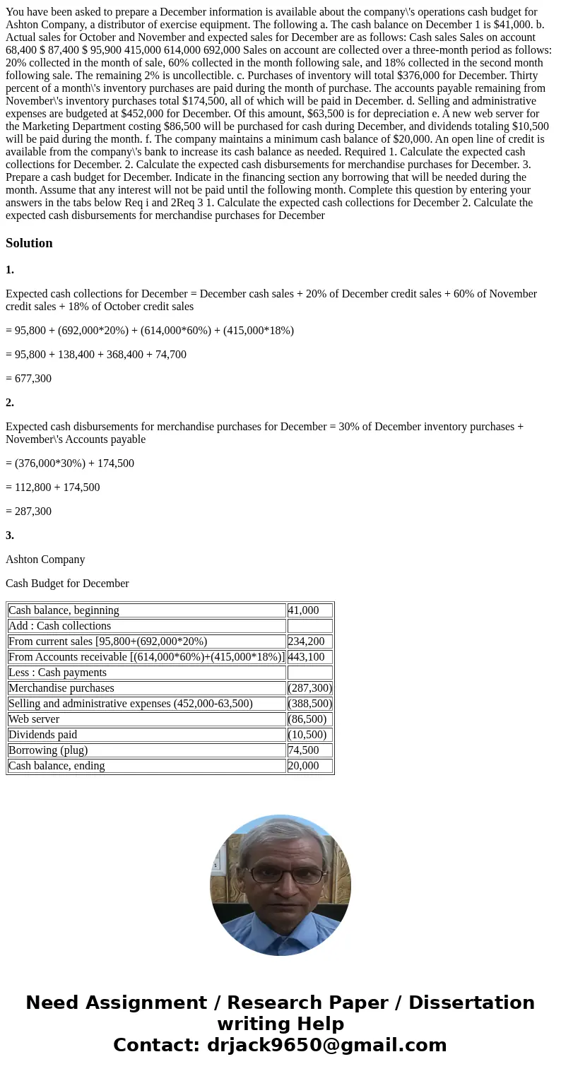 You have been asked to prepare a December information is available about the company\'s operations cash budget for Ashton Company, a distributor of exercise eq  You have been asked to prepare a December information is available about the company\'s operations cash budget for Ashton Company, a distributor of exercise eq