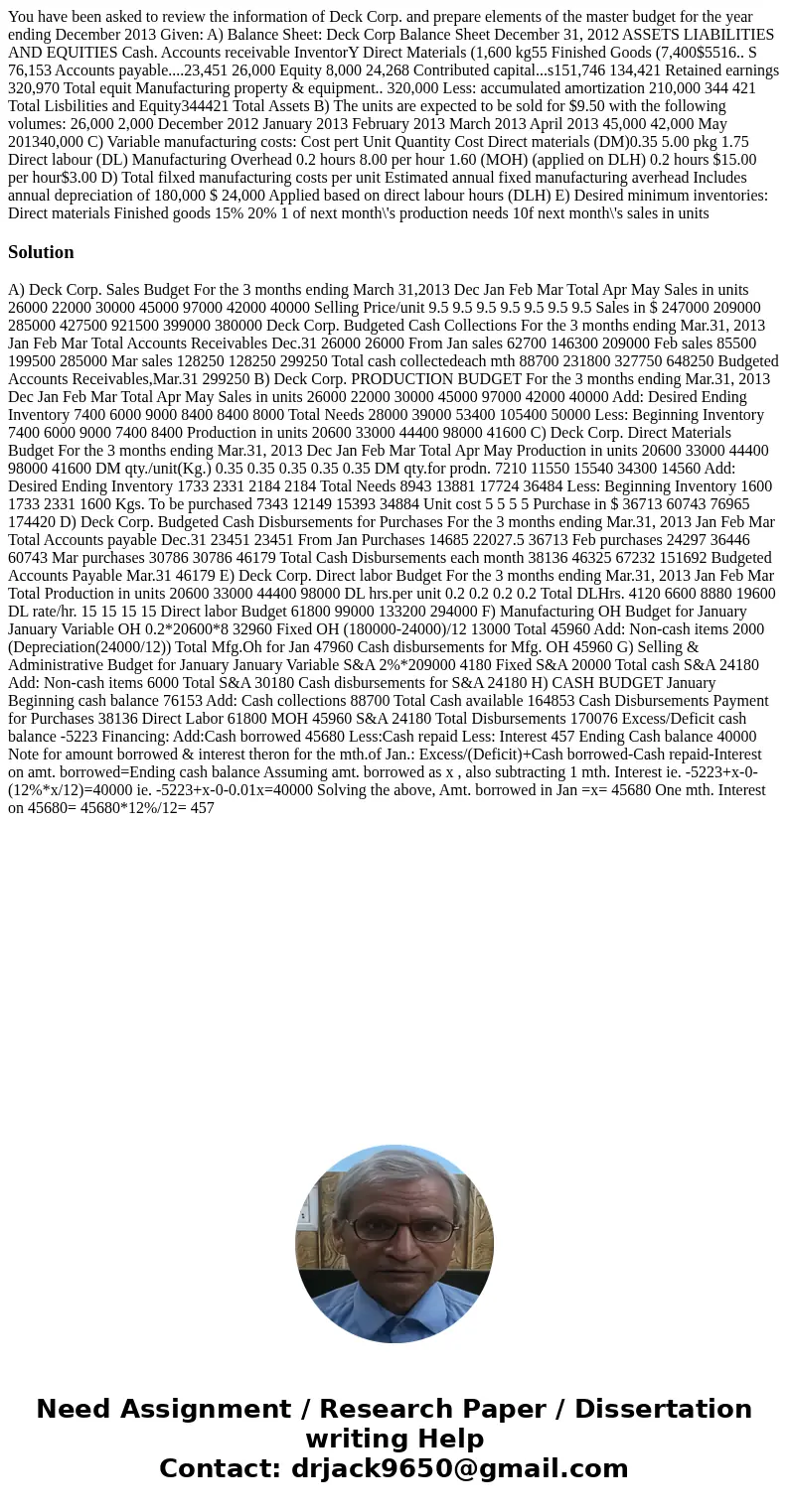 You have been asked to review the information of Deck Corp. and prepare elements of the master budget for the year ending December 2013 Given: A) Balance Sheet  You have been asked to review the information of Deck Corp. and prepare elements of the master budget for the year ending December 2013 Given: A) Balance Sheet
