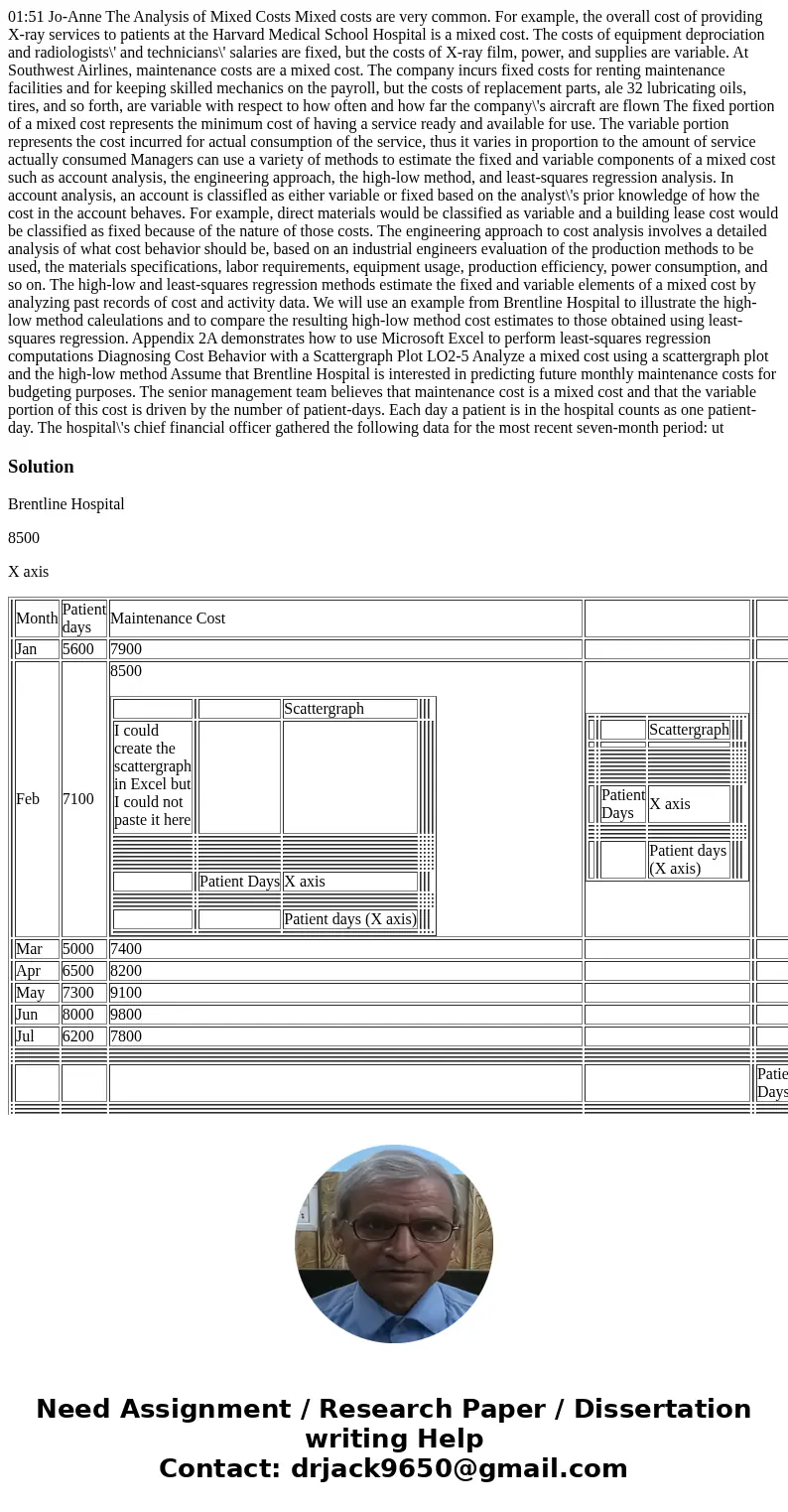  01:51 Jo-Anne The Analysis of Mixed Costs Mixed costs are very common. For example, the overall cost of providing X-ray services to patients at the Harvard Med