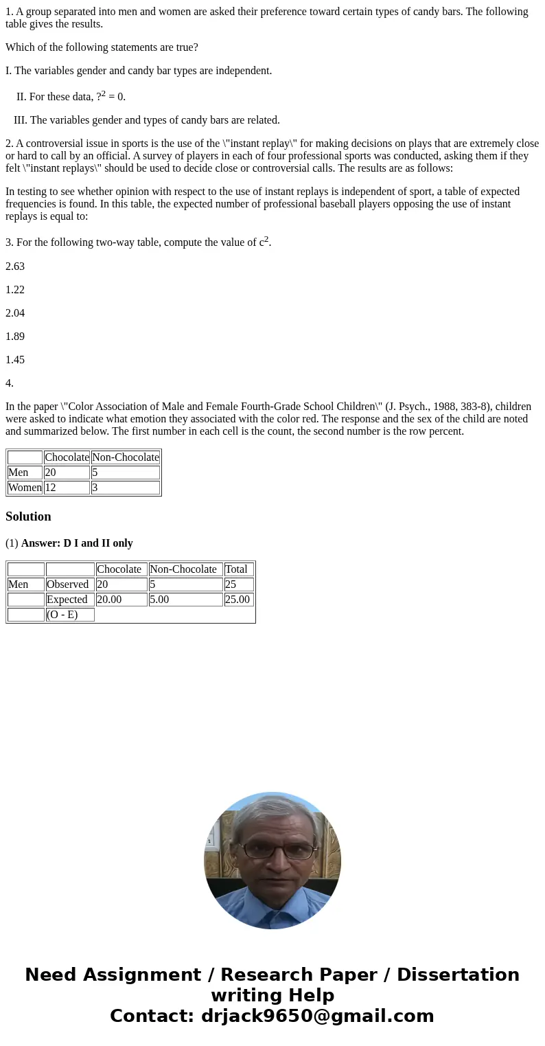 1. A group separated into men and women are asked their preference toward certain types of candy bars. The following table gives the results. Which of the follo 1. A group separated into men and women are asked their preference toward certain types of candy bars. The following table gives the results. Which of the follo