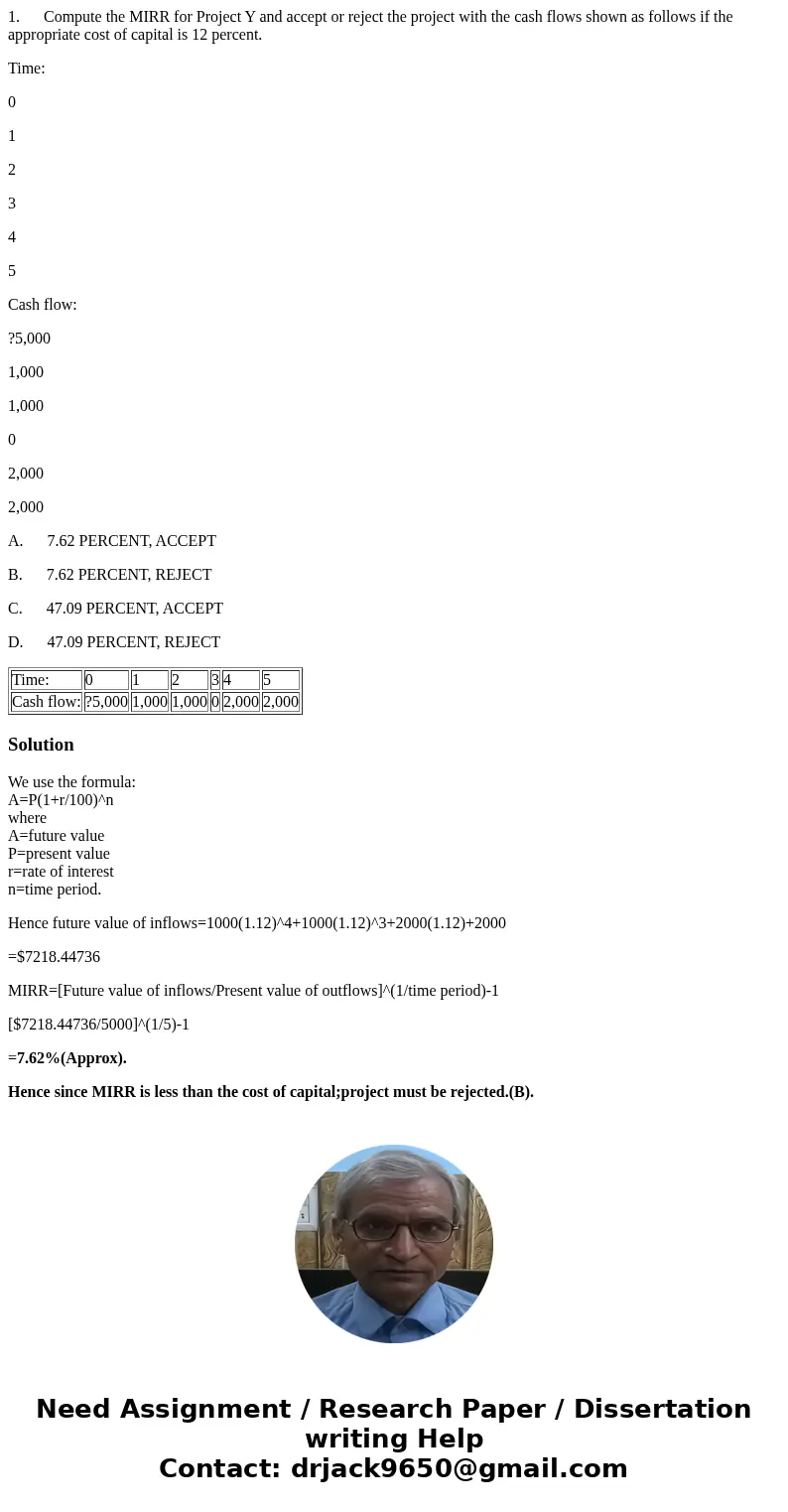 1. Compute the MIRR for Project Y and accept or reject the project with the cash flows shown as follows if the appropriate cost of capital is 12 percent. Time:  1. Compute the MIRR for Project Y and accept or reject the project with the cash flows shown as follows if the appropriate cost of capital is 12 percent. Time: