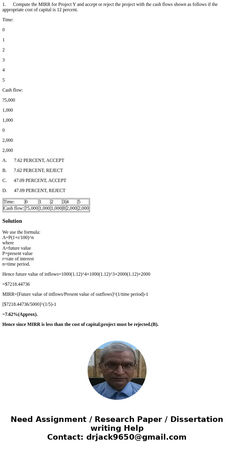 1. Compute the MIRR for Project Y and accept or reject the project with the cash flows shown as follows if the appropriate cost of capital is 12 percent. Time:  1. Compute the MIRR for Project Y and accept or reject the project with the cash flows shown as follows if the appropriate cost of capital is 12 percent. Time: