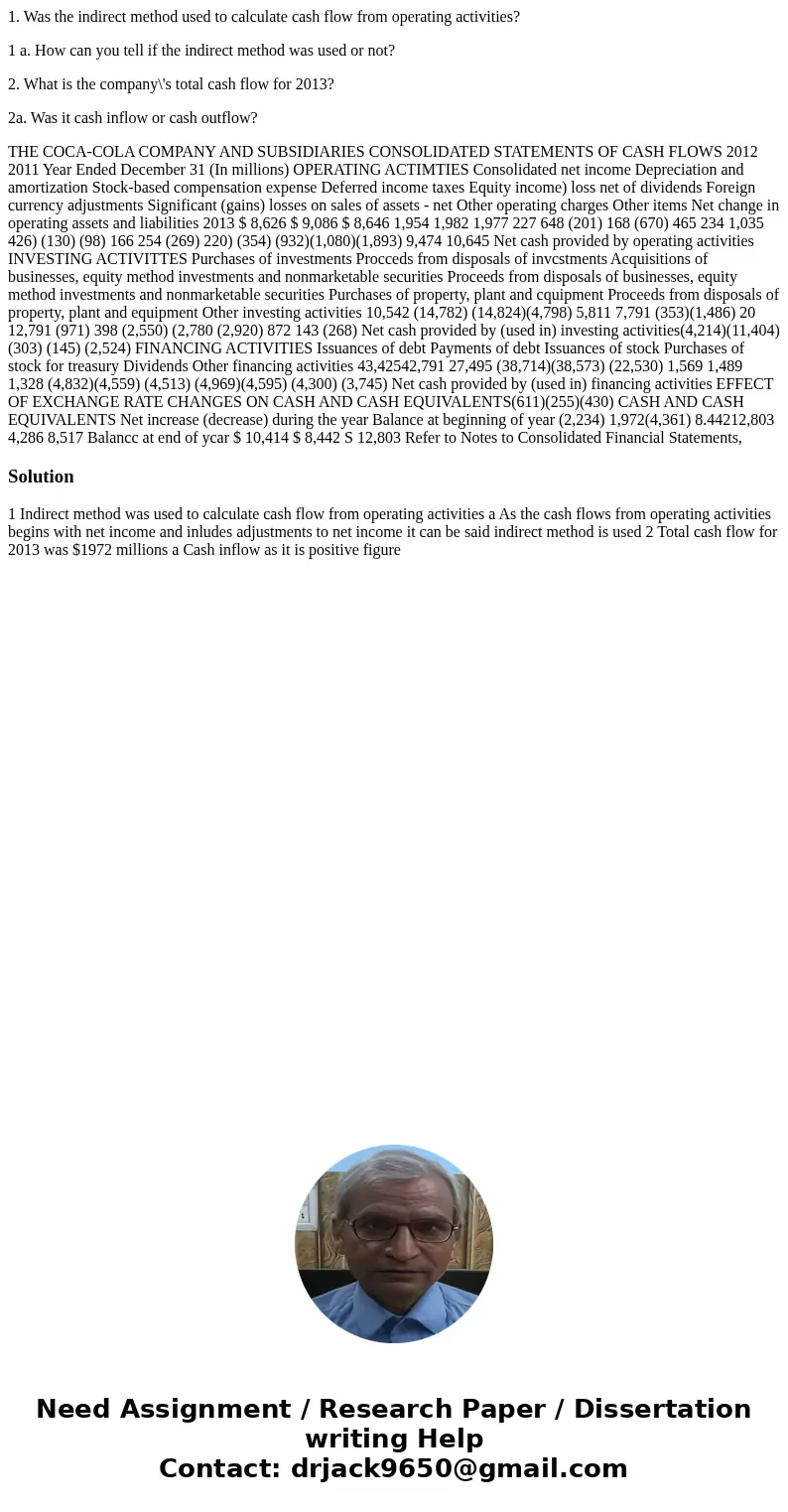 1. Was the indirect method used to calculate cash flow from operating activities? 1 a. How can you tell if the indirect method was used or not? 2. What is the c 1. Was the indirect method used to calculate cash flow from operating activities? 1 a. How can you tell if the indirect method was used or not? 2. What is the c