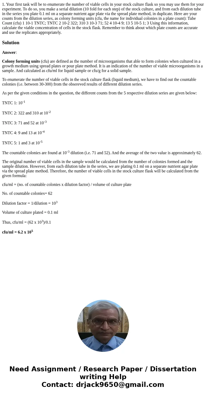 1. Your first task will be to enumerate the number of viable cells in your stock culture flask so you may use them for your experiment. To do so, you make a ser 1. Your first task will be to enumerate the number of viable cells in your stock culture flask so you may use them for your experiment. To do so, you make a ser