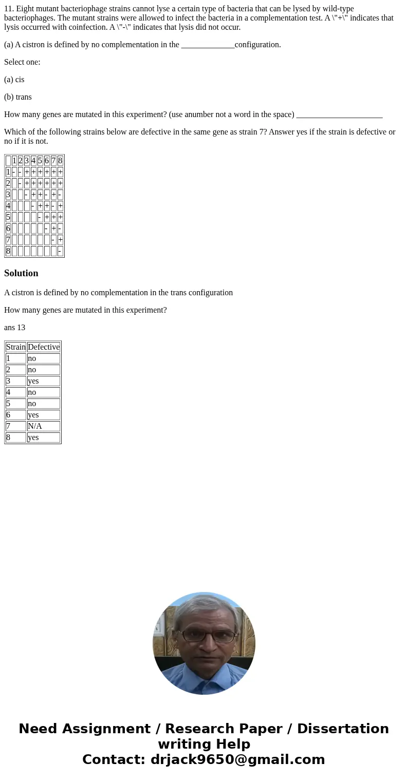 11. Eight mutant bacteriophage strains cannot lyse a certain type of bacteria that can be lysed by wild-type bacteriophages. The mutant strains were allowed to 