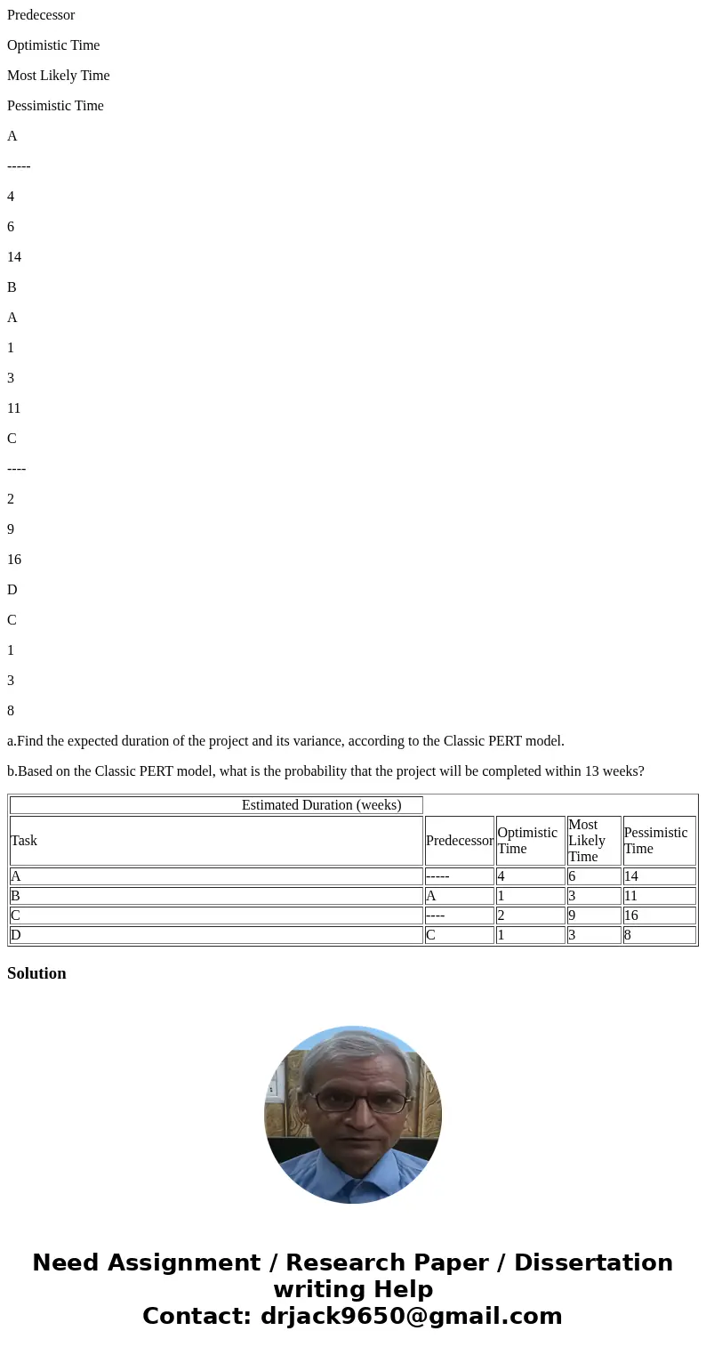 3- Given the information about a project in the following table: Estimated Duration (weeks) Task Predecessor Optimistic Time Most Likely Time Pessimistic Time A