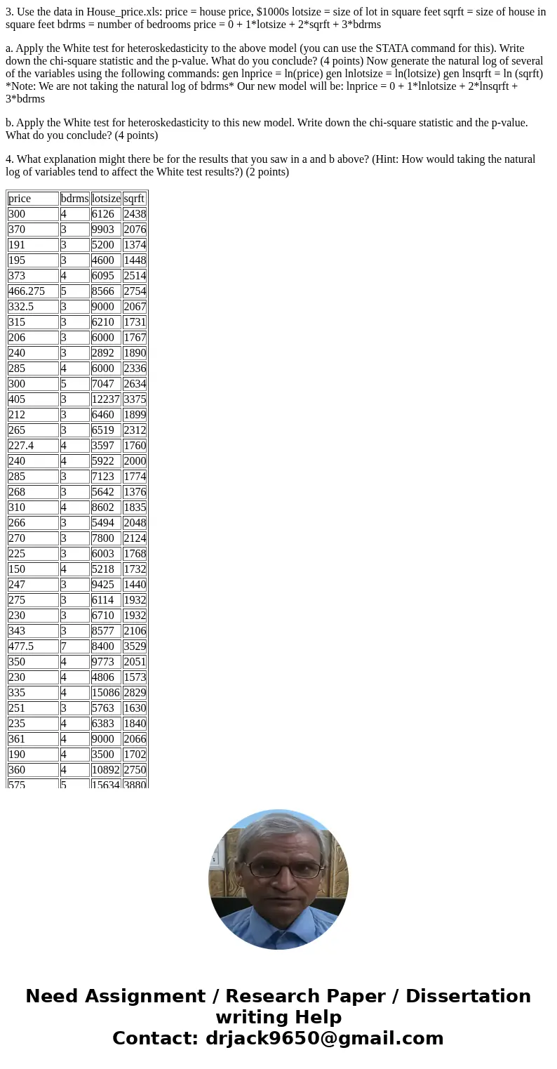 3. Use the data in House_price.xls: price = house price, $1000s lotsize = size of lot in square feet sqrft = size of house in square feet bdrms = number of bedr 3. Use the data in House_price.xls: price = house price, $1000s lotsize = size of lot in square feet sqrft = size of house in square feet bdrms = number of bedr