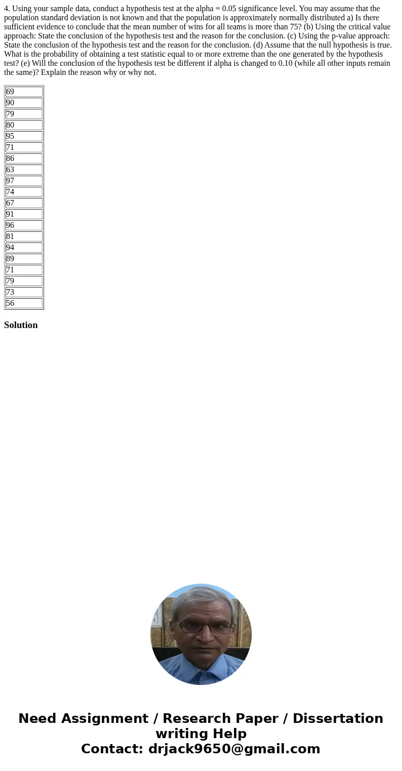 4. Using your sample data, conduct a hypothesis test at the alpha = 0.05 significance level. You may assume that the population standard deviation is not known  4. Using your sample data, conduct a hypothesis test at the alpha = 0.05 significance level. You may assume that the population standard deviation is not known