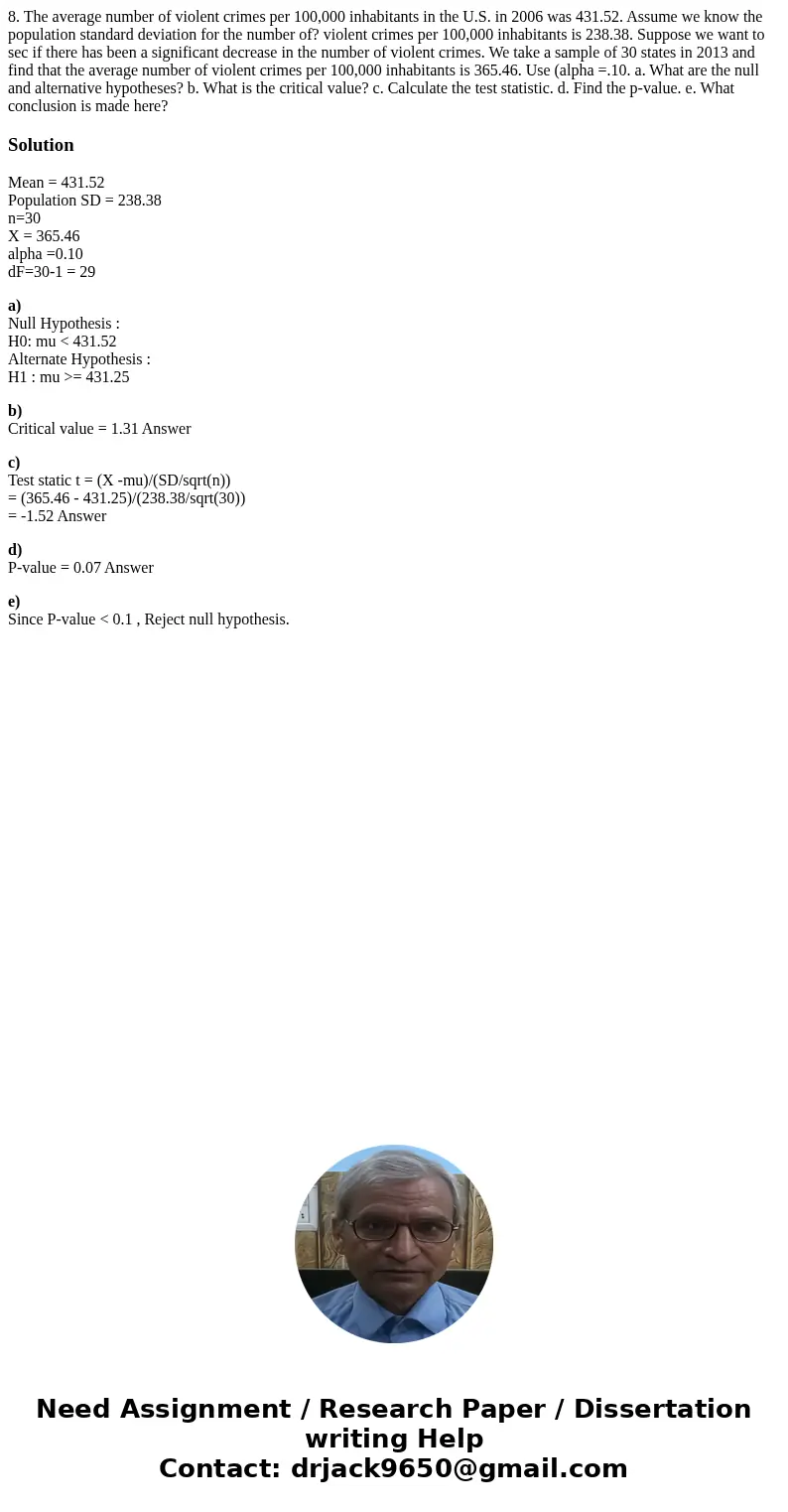 8. The average number of violent crimes per 100,000 inhabitants in the U.S. in 2006 was 431.52. Assume we know the population standard deviation for the number  8. The average number of violent crimes per 100,000 inhabitants in the U.S. in 2006 was 431.52. Assume we know the population standard deviation for the number
